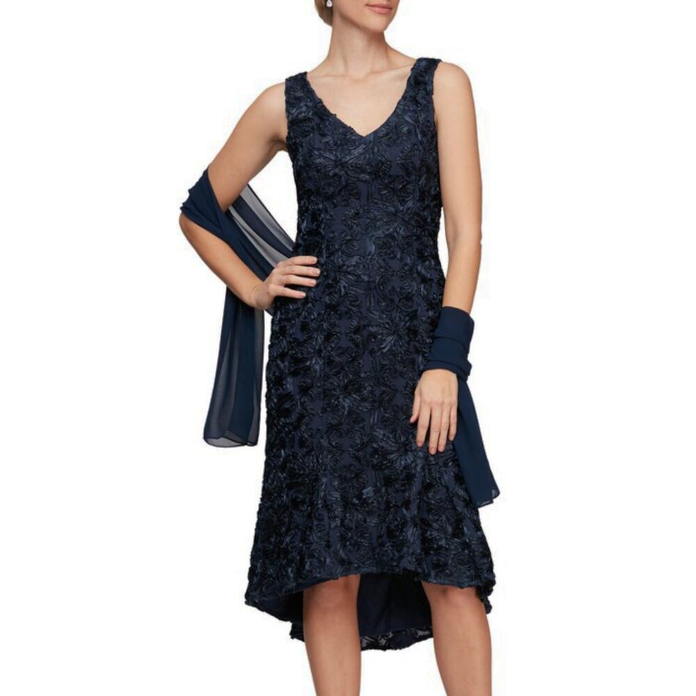 NWT Alex Evening Women's Soutache Embroidered Lace Hi-Low Hem Flounce Midi Dress